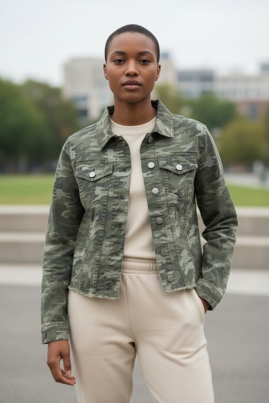 Kut From The Kloth The Ellie Camo jean jacket Green button up size extra small